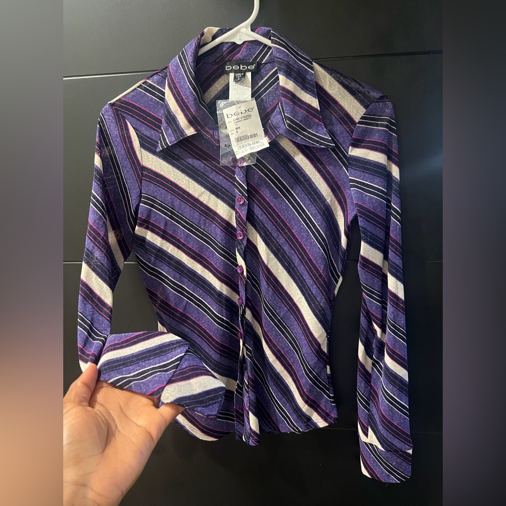 Bebe Purple Striped Women's Top y2k office siren long sleeve button down small